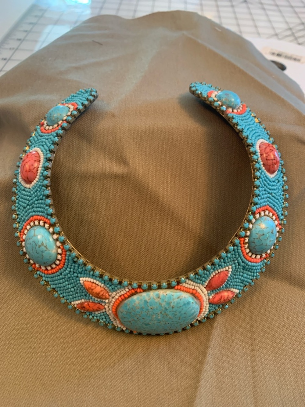 Turquoise and Coral Beaded Statement Collar Necklace - Picture 2 of 12